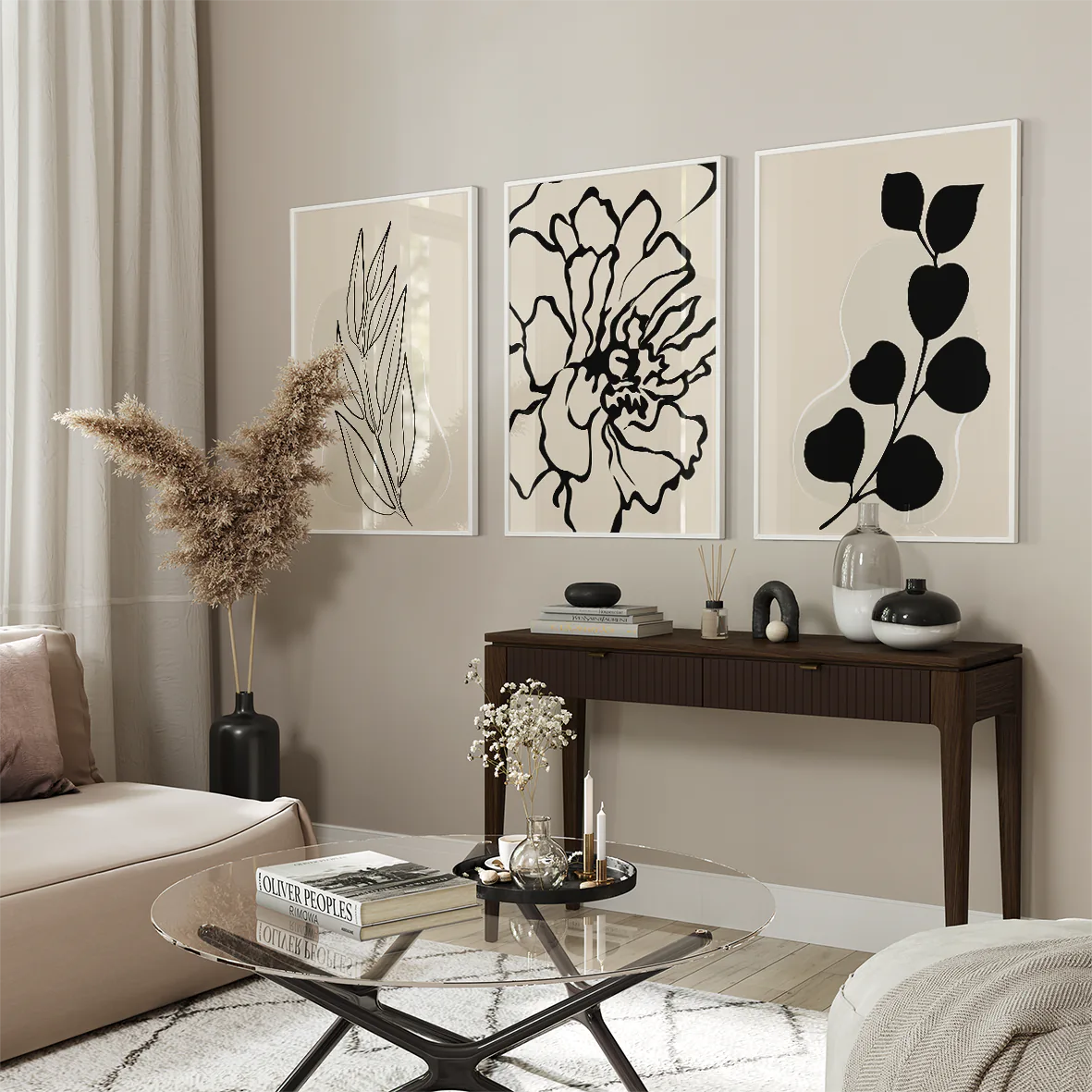 Nature-inspired abstract floral art in a black and beige