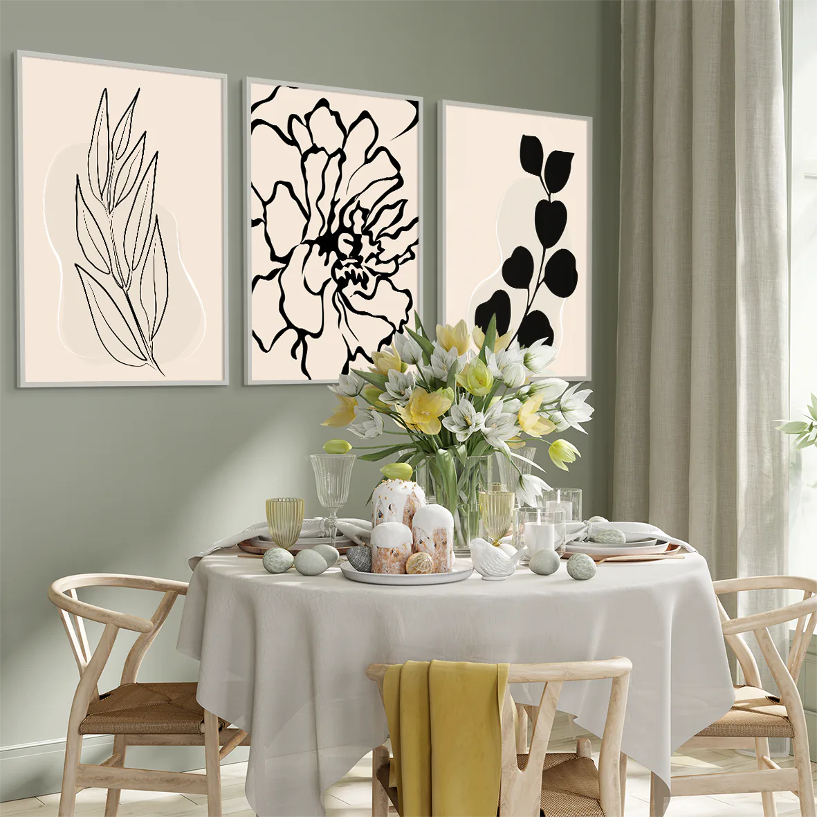 Nature-inspired abstract floral art in a black and beige