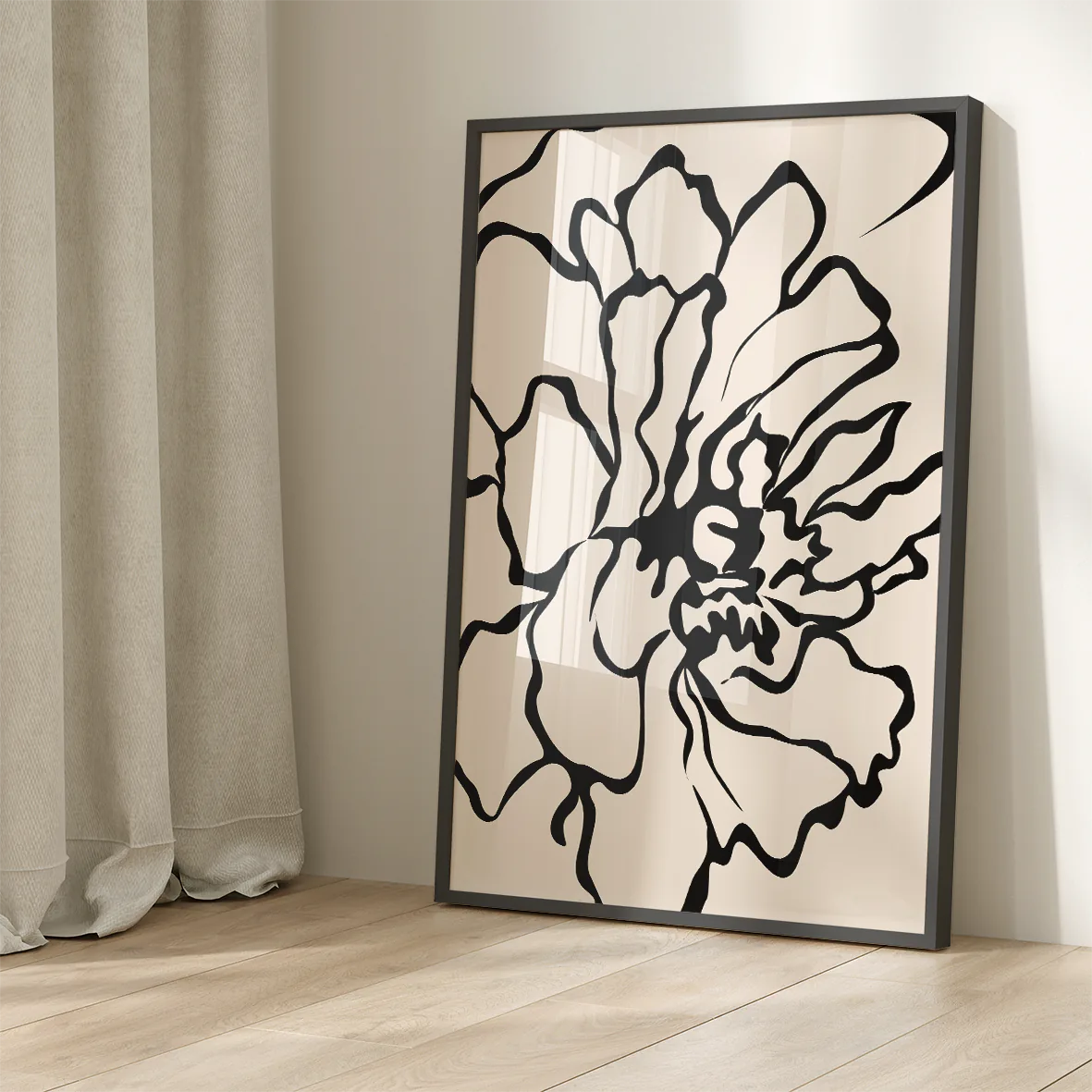 Nature-inspired abstract floral art in a black and beige