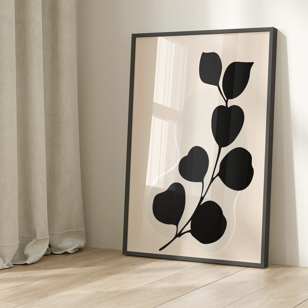 Nature-inspired abstract floral art in a black and beige