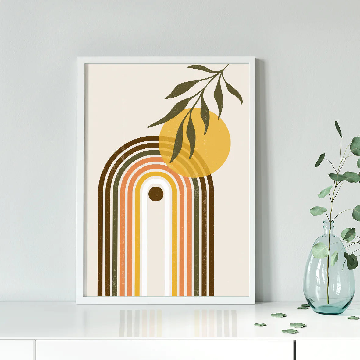 Vintage-inspired art with lemon silhouette on a retro arched background