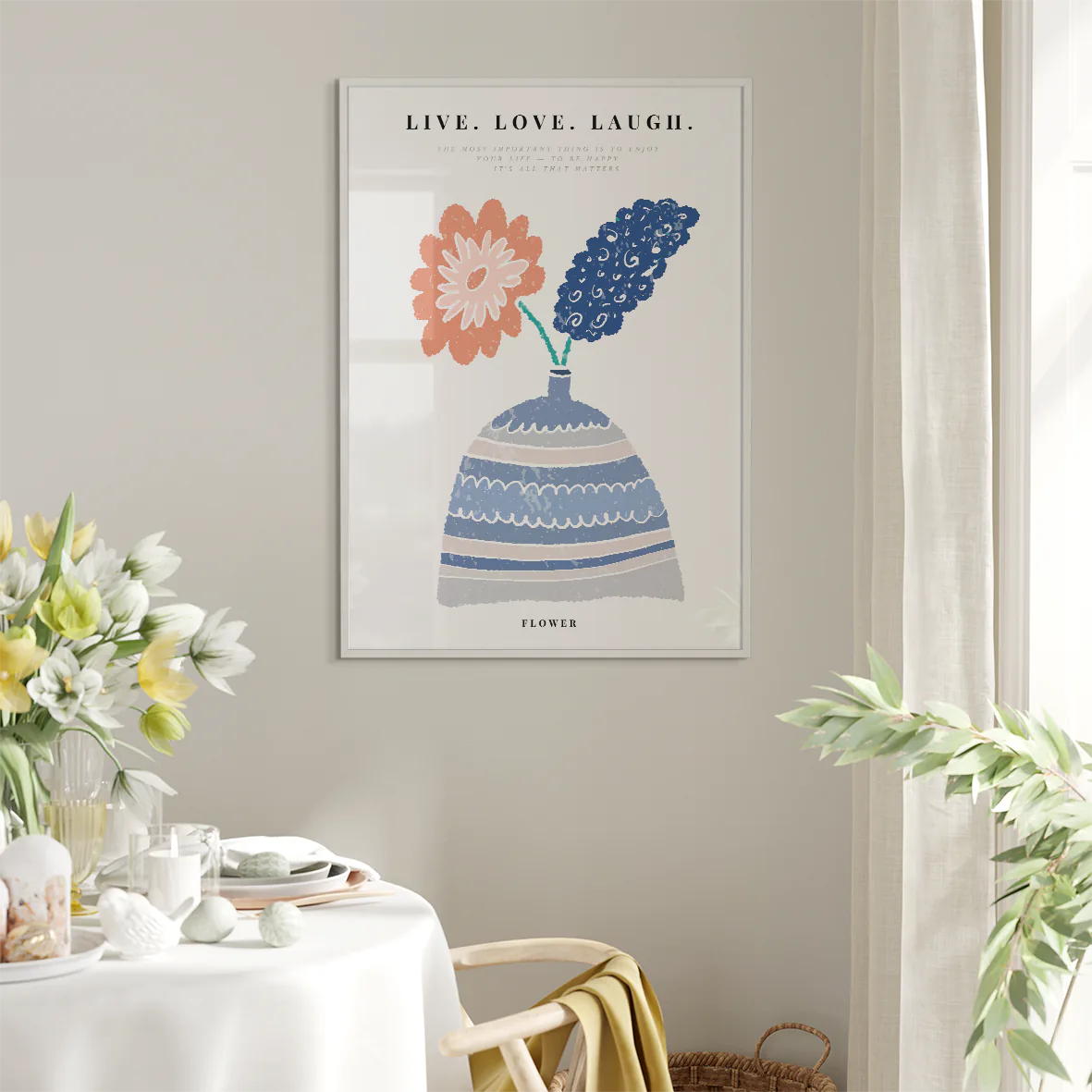 Artistic illustration of a floral arrangement with a positive living motto, ideal for modern home decor