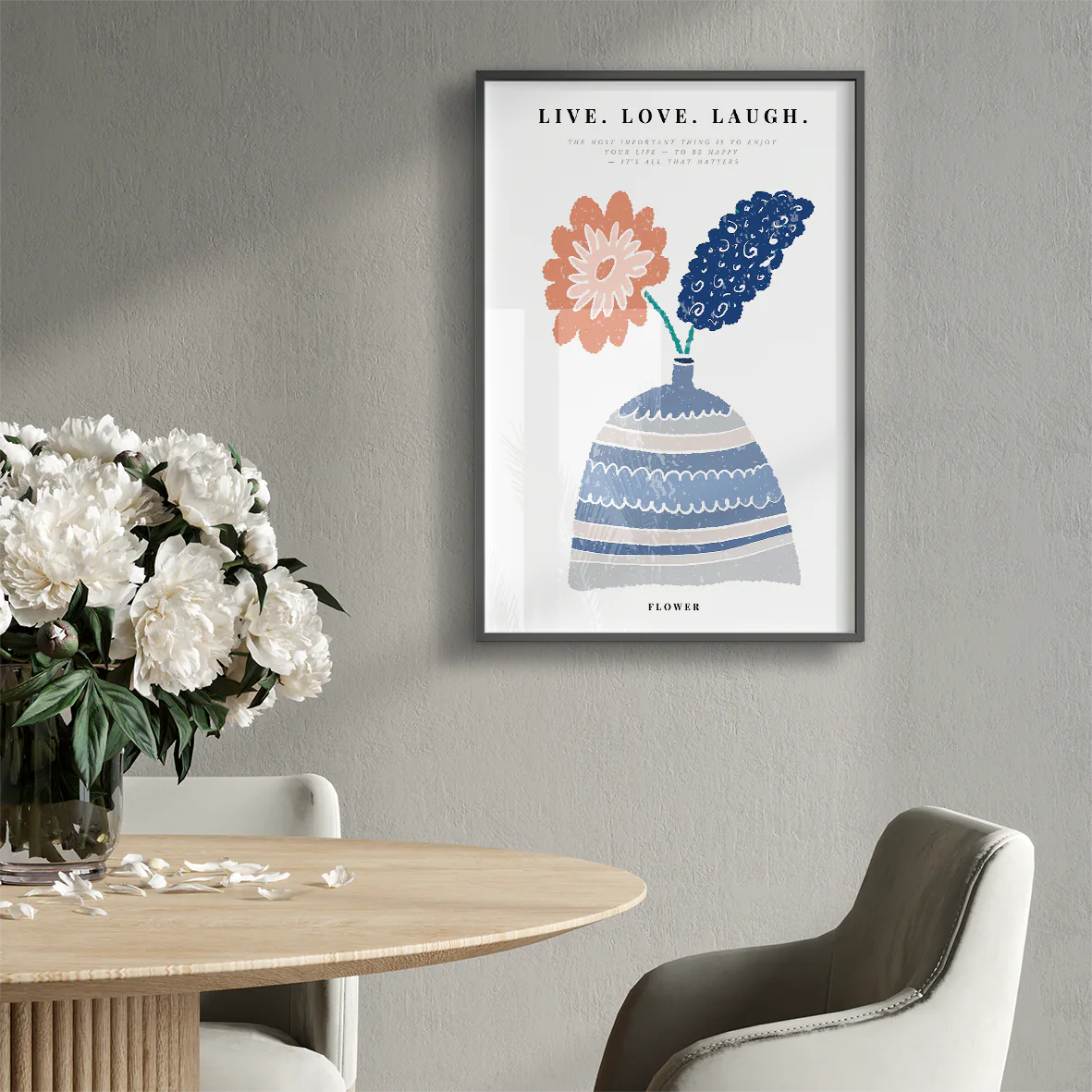 Artistic illustration of a floral arrangement with a positive living motto, ideal for modern home decor