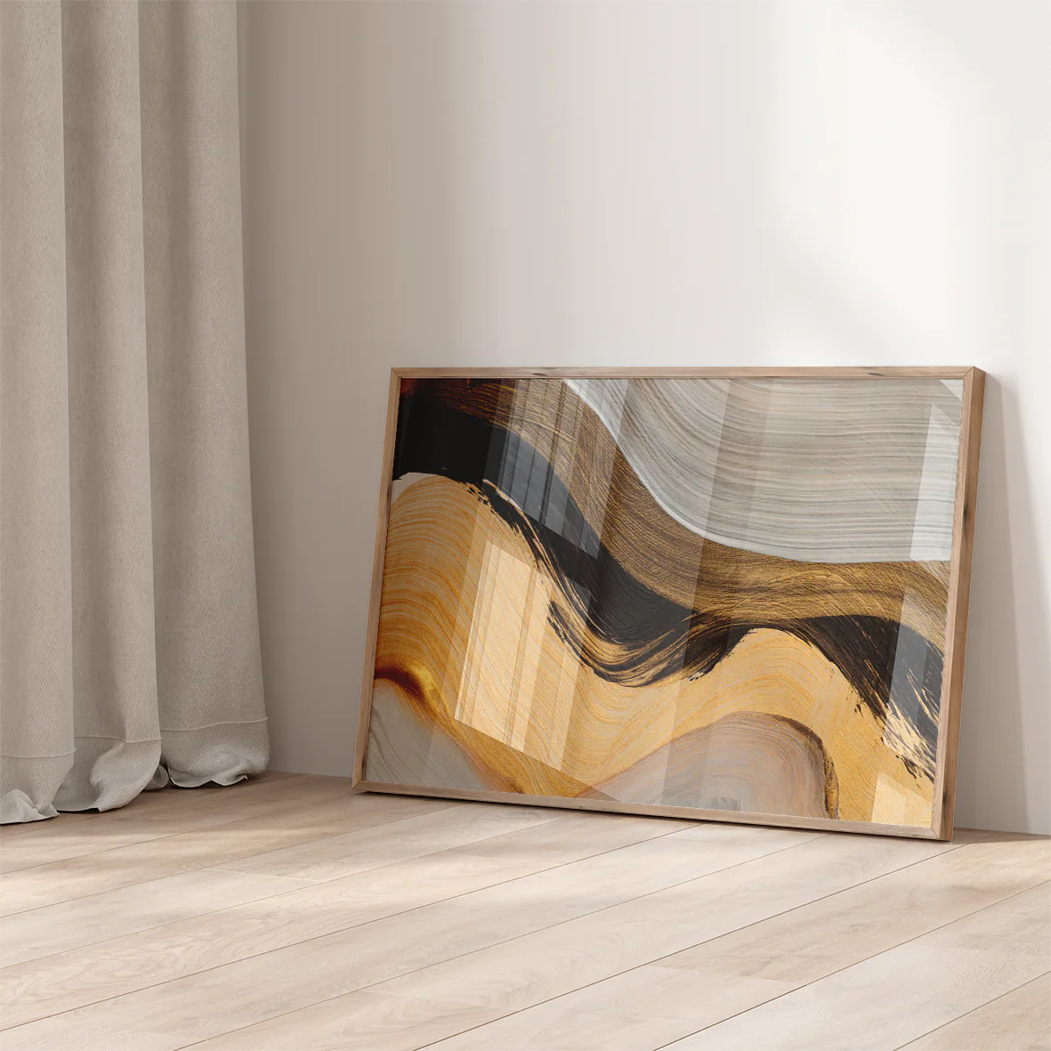 Sophisticated abstract painting with metallic gold accents and bold black strokes