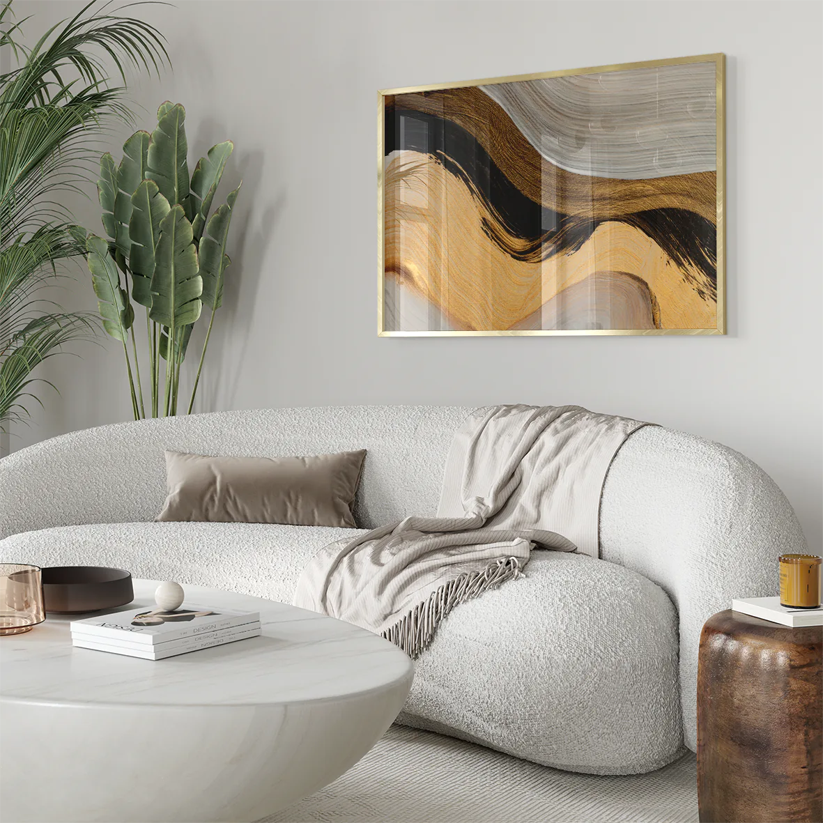 Sophisticated abstract painting with metallic gold accents and bold black strokes