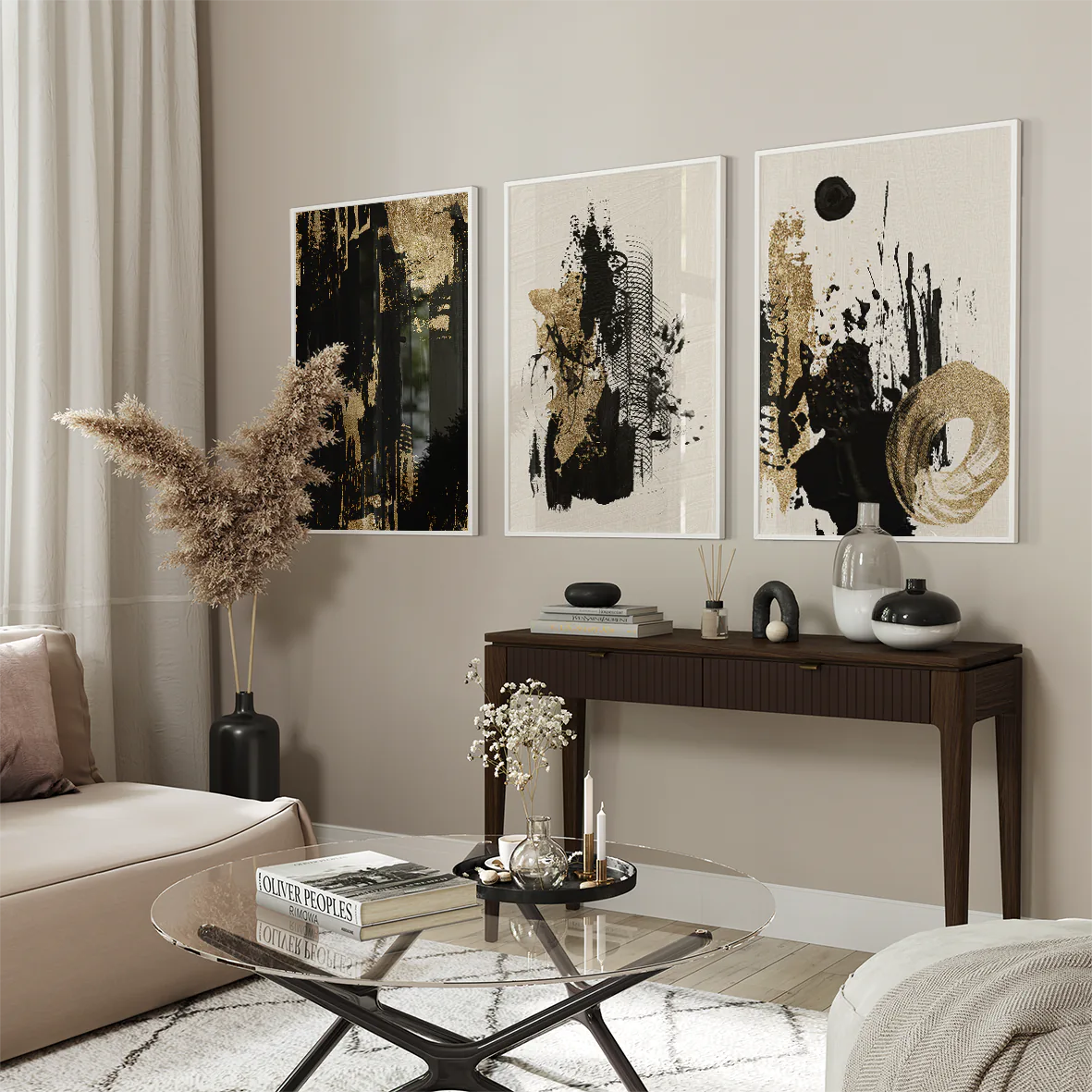 Contemporary art triptych with metallic gold and deep black abstract patterns