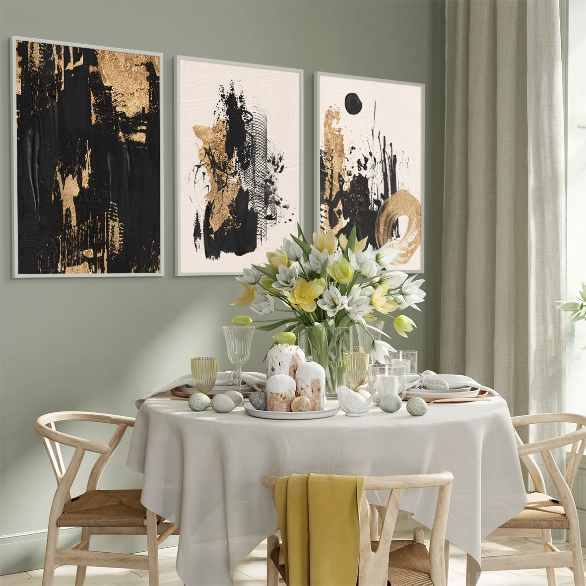 Contemporary art triptych with metallic gold and deep black abstract patterns