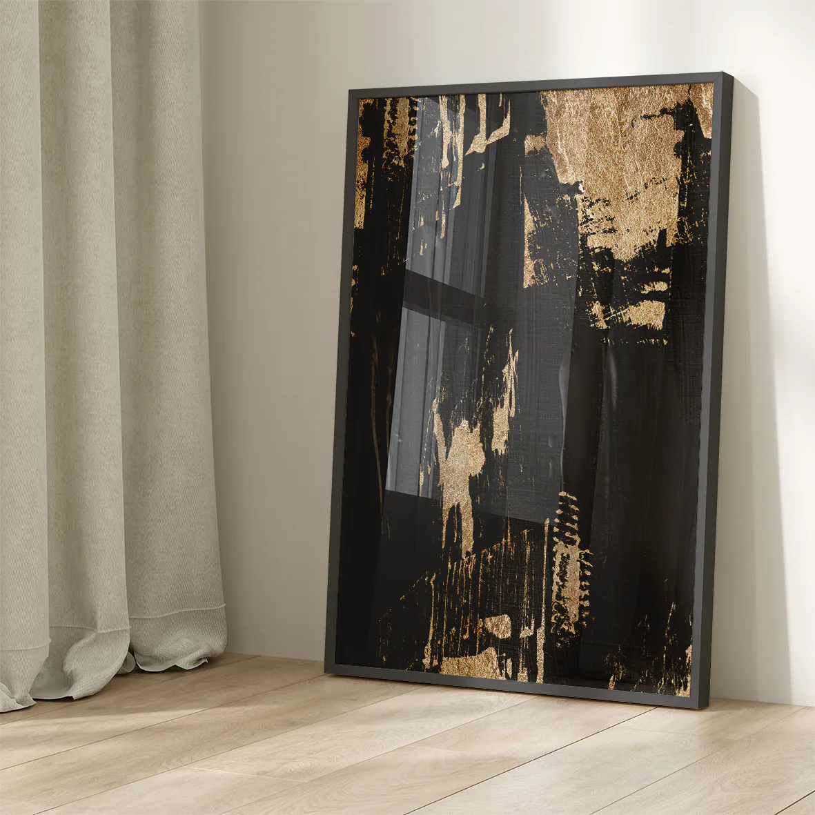 Contemporary art triptych with metallic gold and deep black abstract patterns