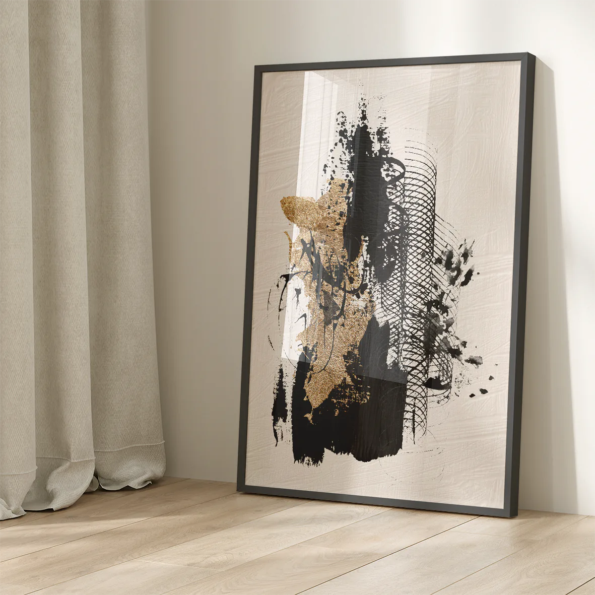 Contemporary art triptych with metallic gold and deep black abstract patterns