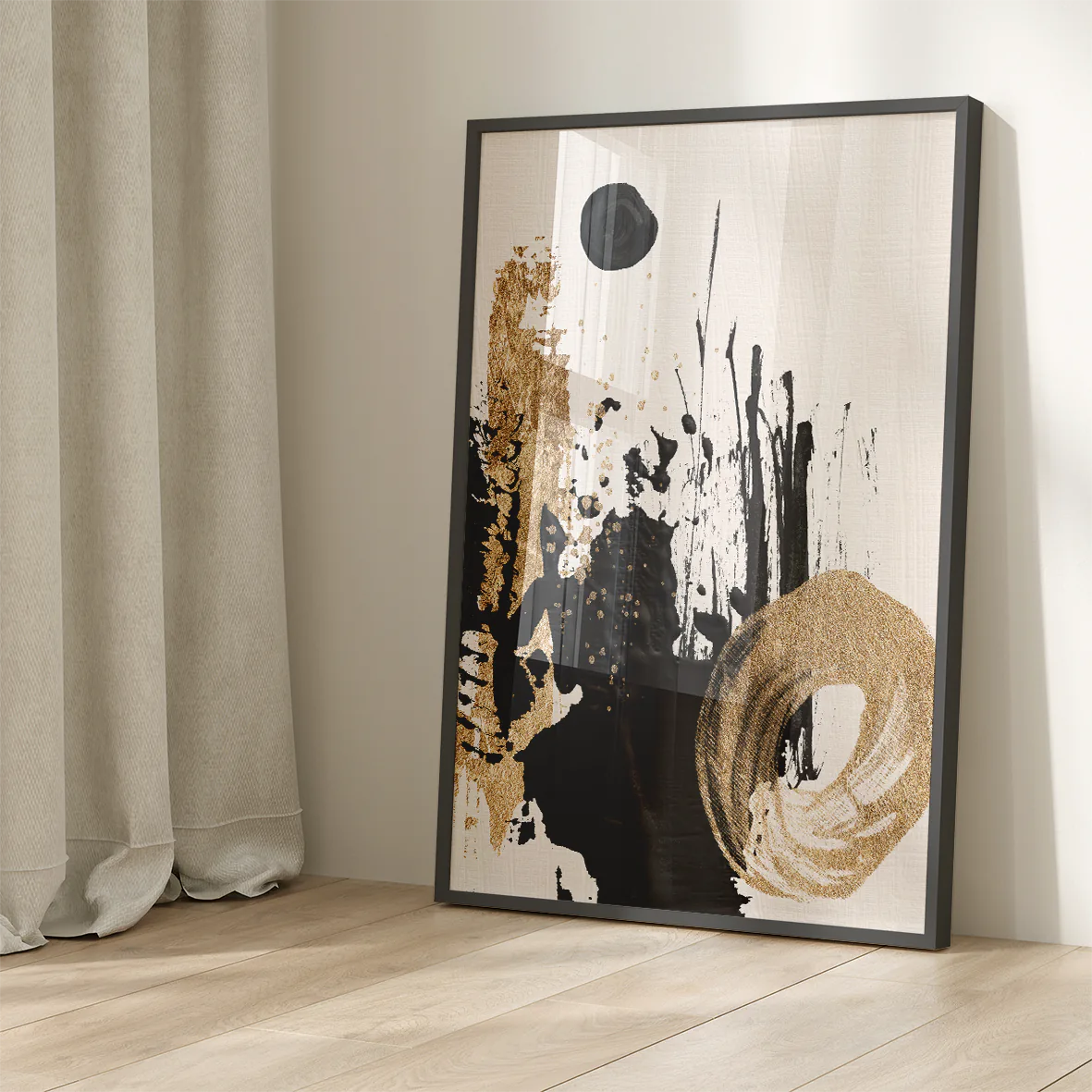 Contemporary art triptych with metallic gold and deep black abstract patterns