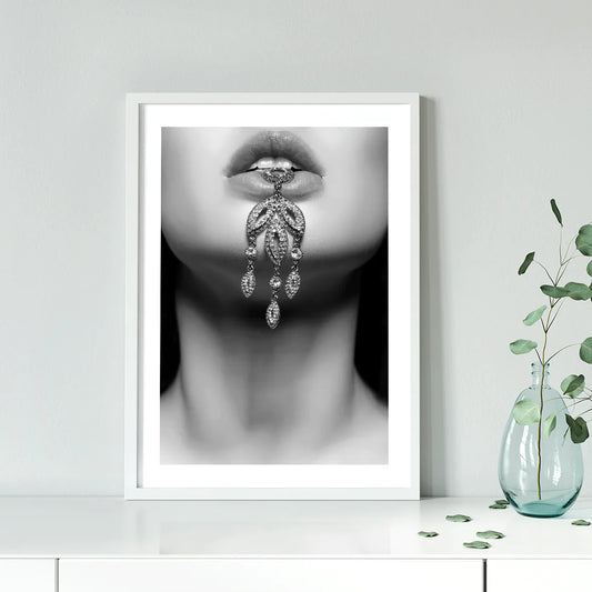 Sophisticated wall art of sparkling crystal earrings in high contrast black and white