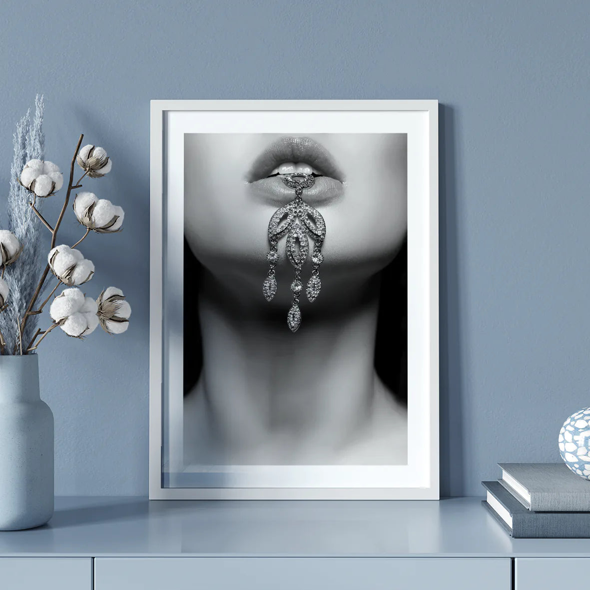 Sophisticated wall art of sparkling crystal earrings in high contrast black and white