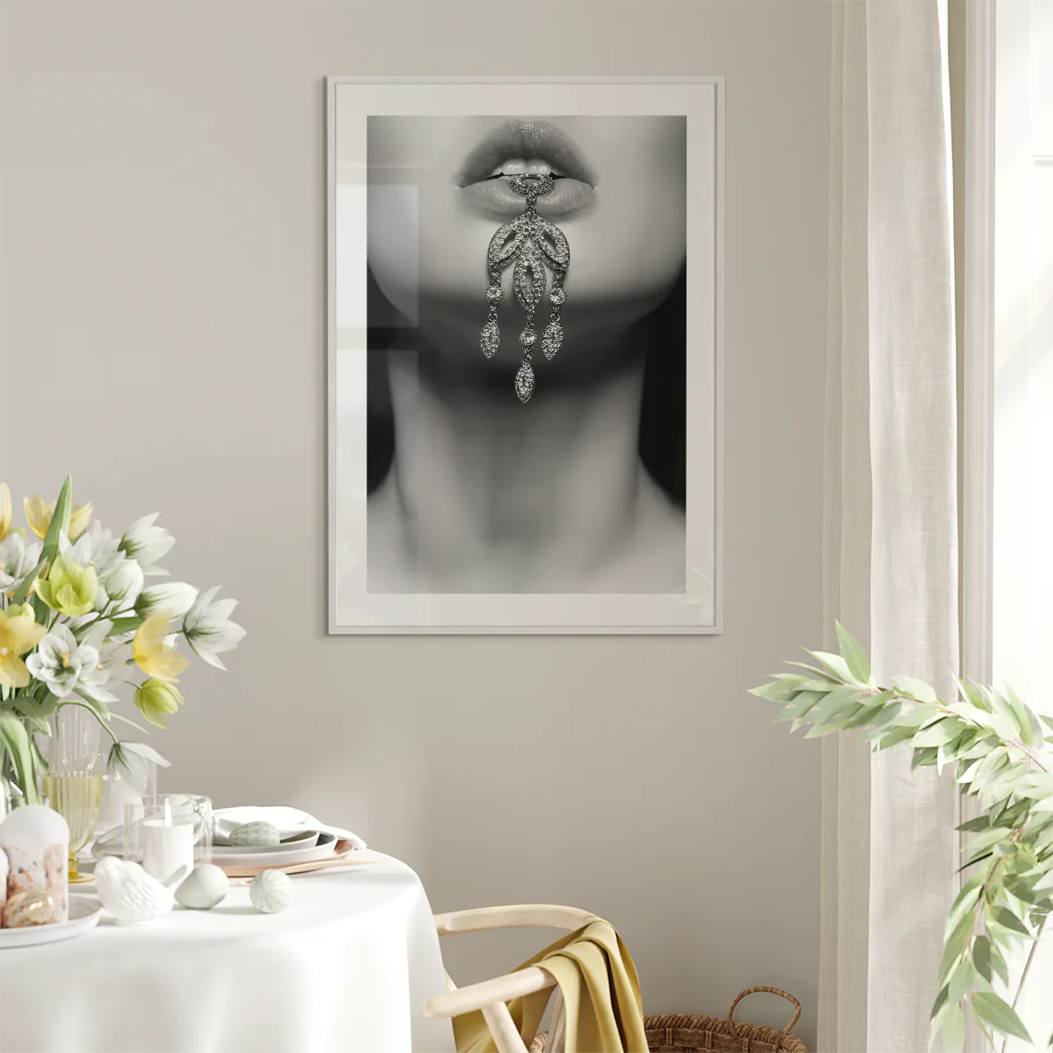 Sophisticated wall art of sparkling crystal earrings in high contrast black and white