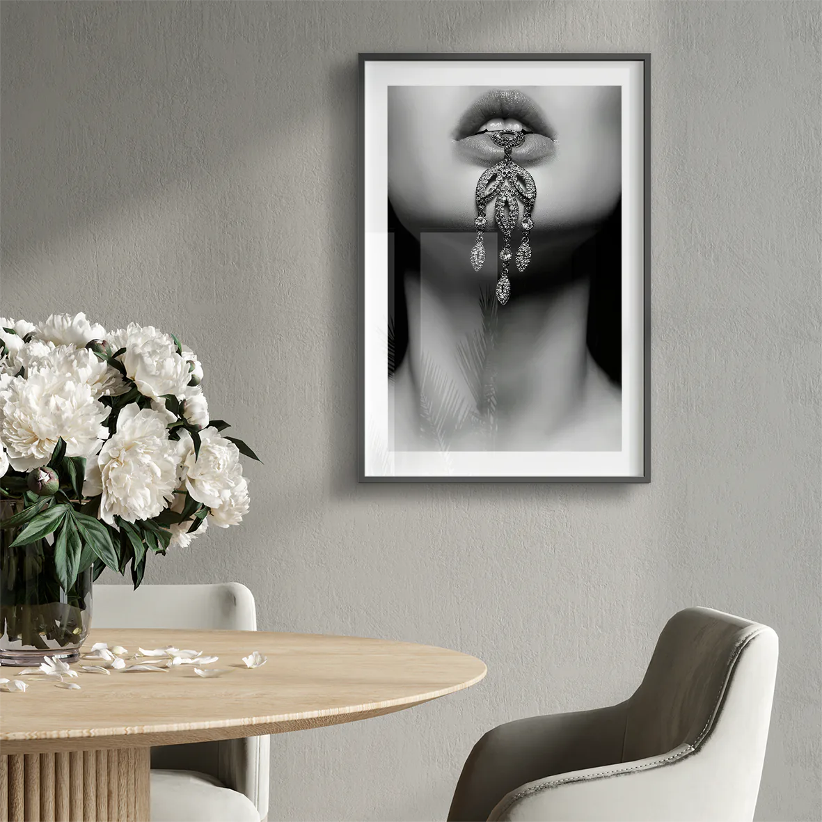 Sophisticated wall art of sparkling crystal earrings in high contrast black and white