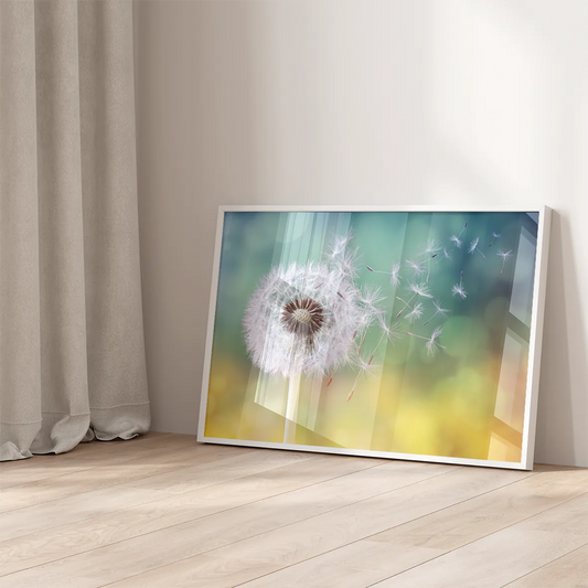 Dandelion seed head with floating seeds wall art,