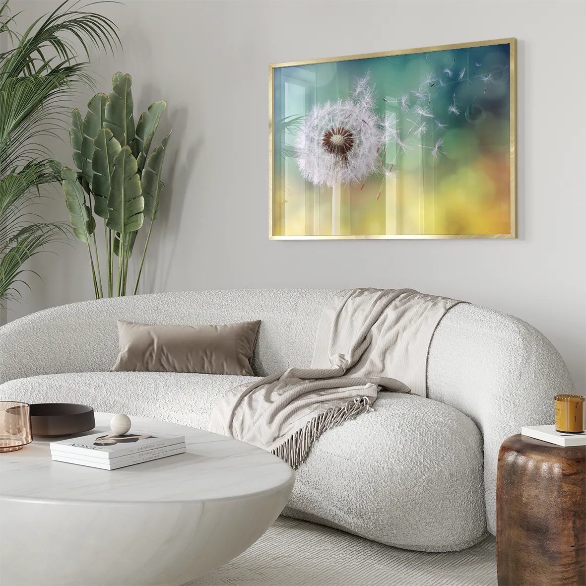 Dandelion seed head with floating seeds wall art,