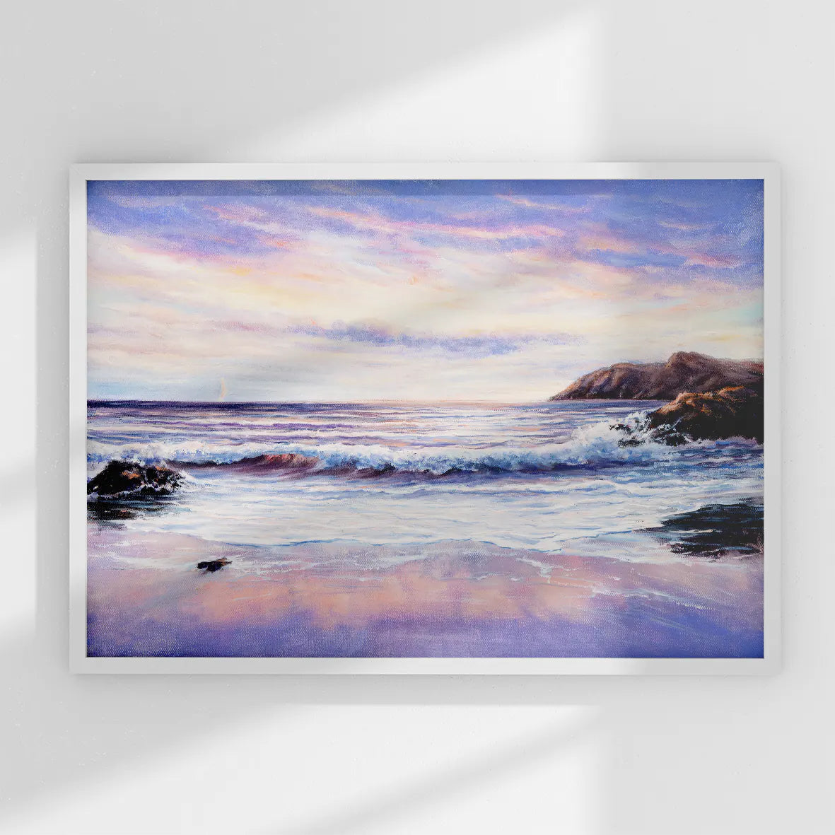 Coastal seascape artwork with soft sunset hues and textured ocean wave details