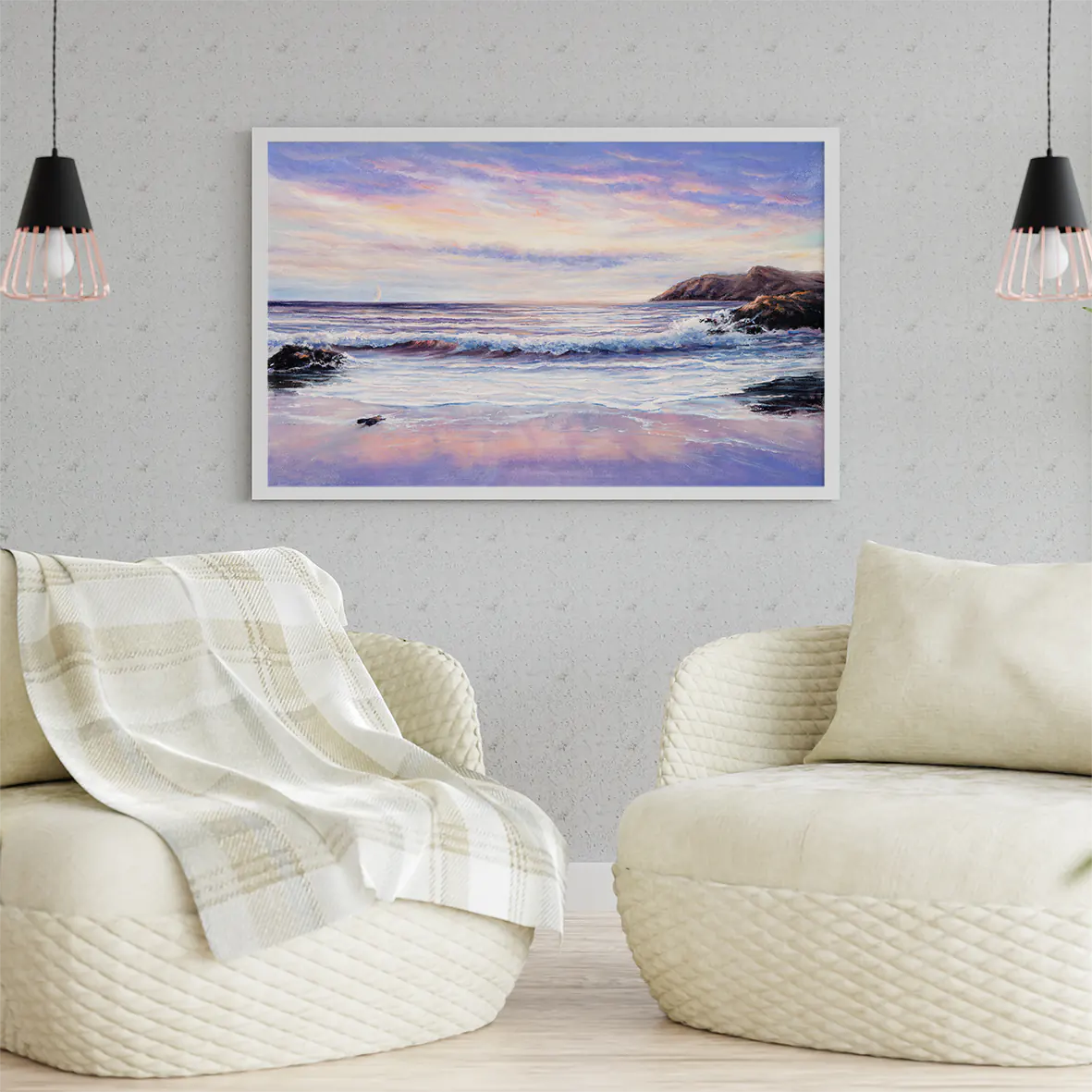 Coastal seascape artwork with soft sunset hues and textured ocean wave details