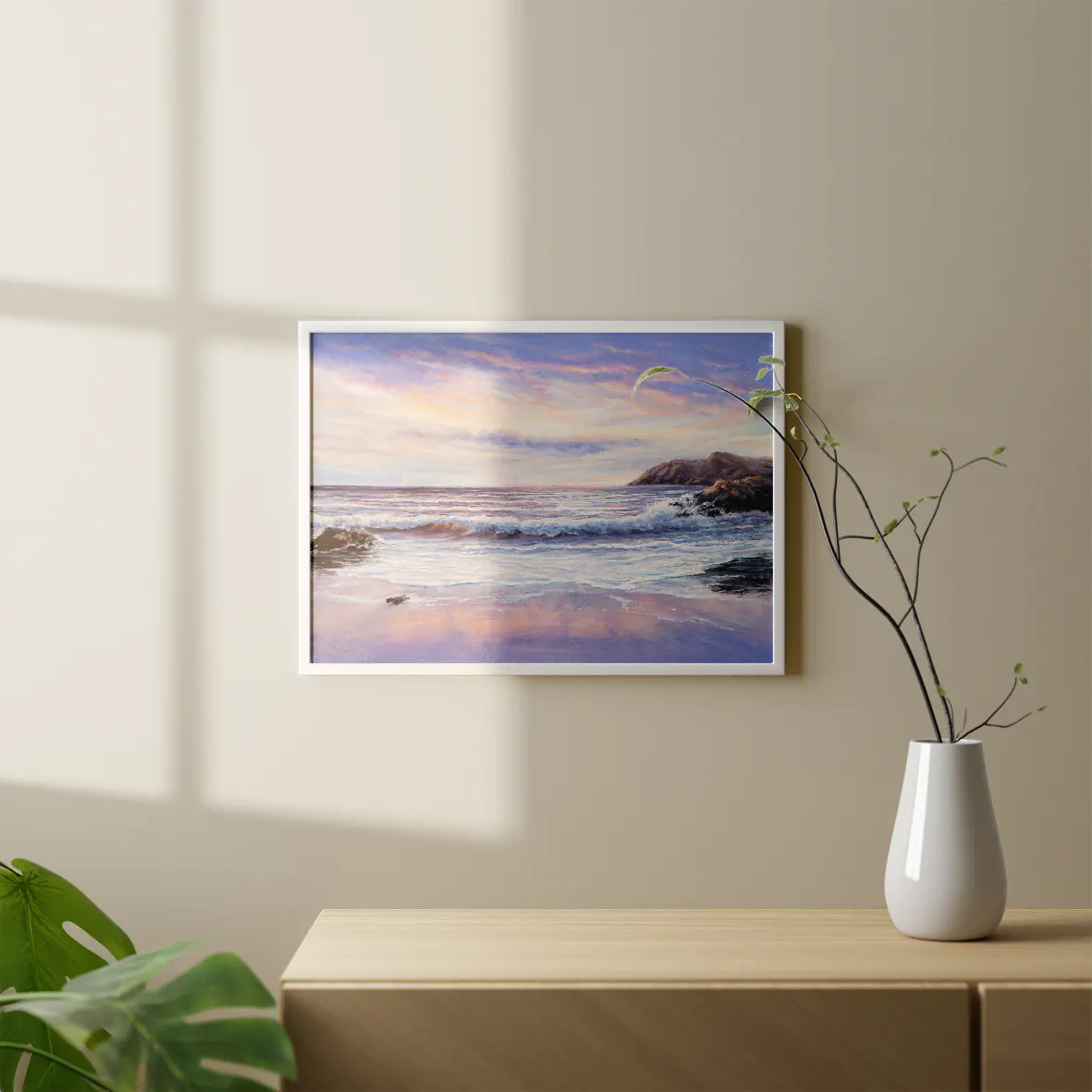 Coastal seascape artwork with soft sunset hues and textured ocean wave details