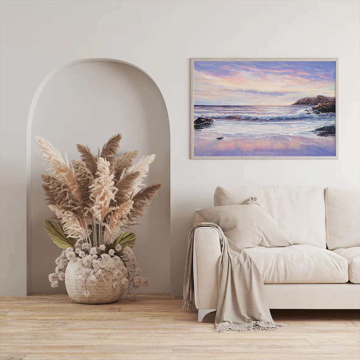 Coastal seascape artwork with soft sunset hues and textured ocean wave details