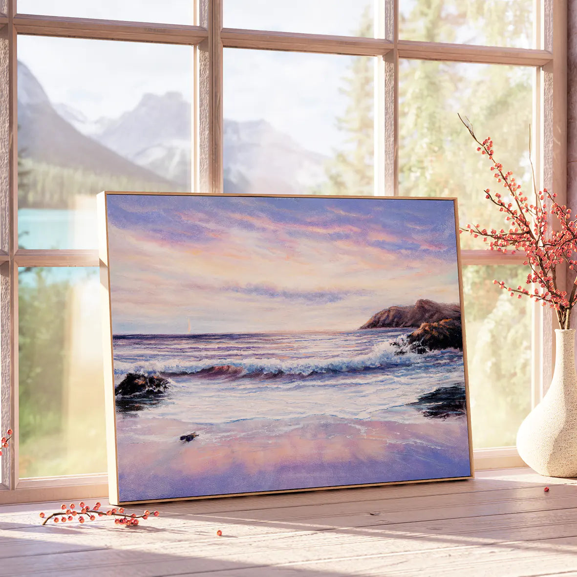 Coastal seascape artwork with soft sunset hues and textured ocean wave details