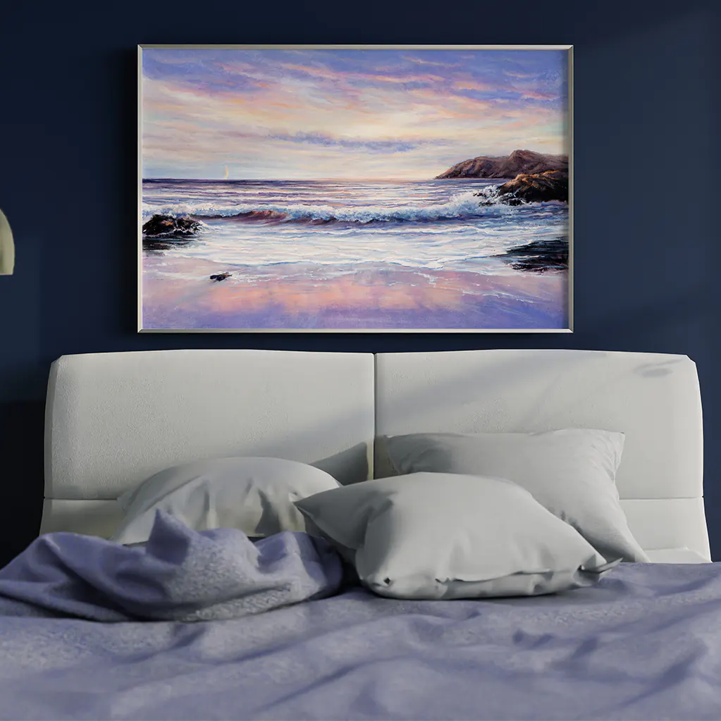 Coastal seascape artwork with soft sunset hues and textured ocean wave details