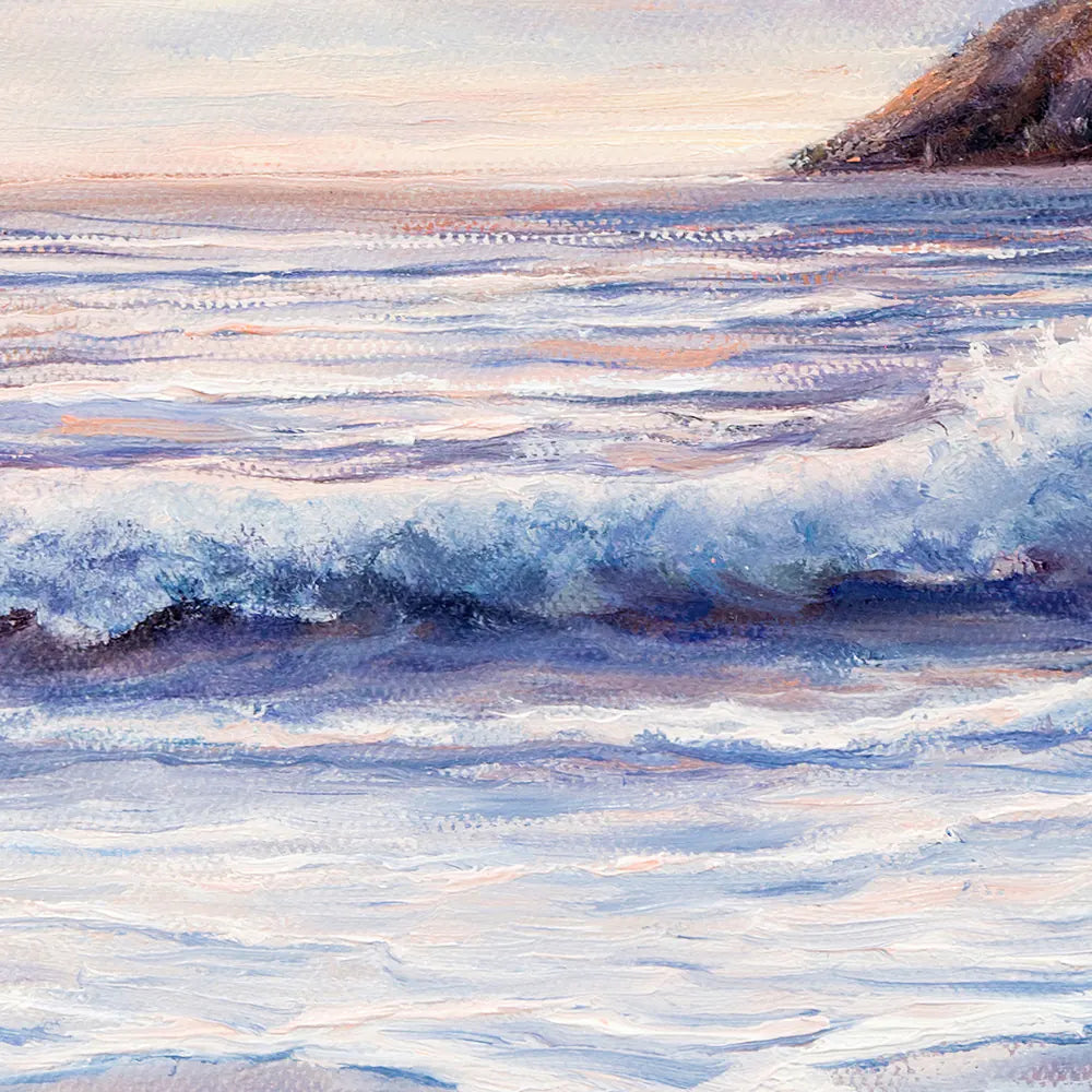 Coastal seascape artwork with soft sunset hues and textured ocean wave details