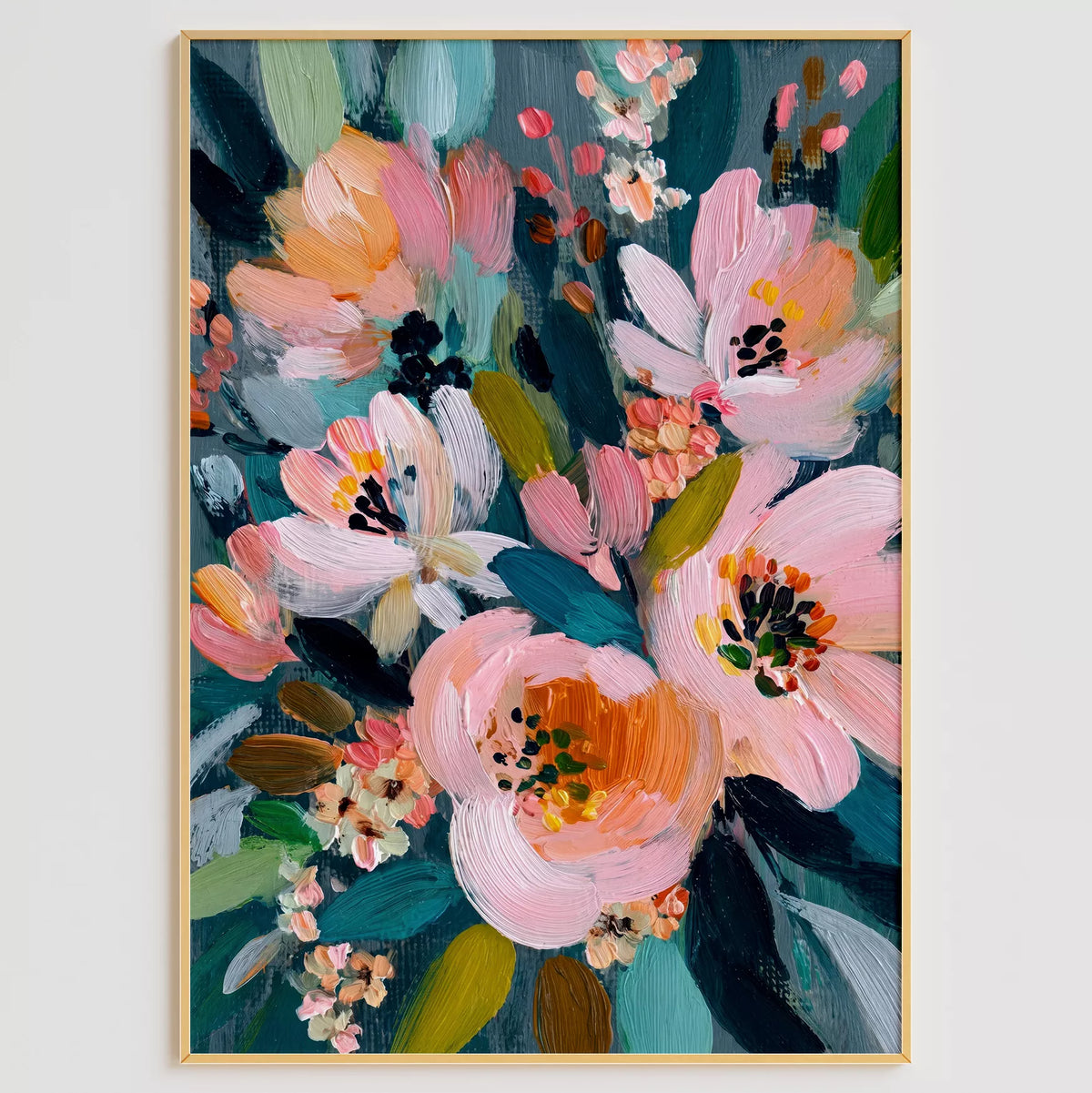 ピンクの大輪の花と白い花、深いティールの葉を大胆な筆タッチで描いた油彩風アートポスター