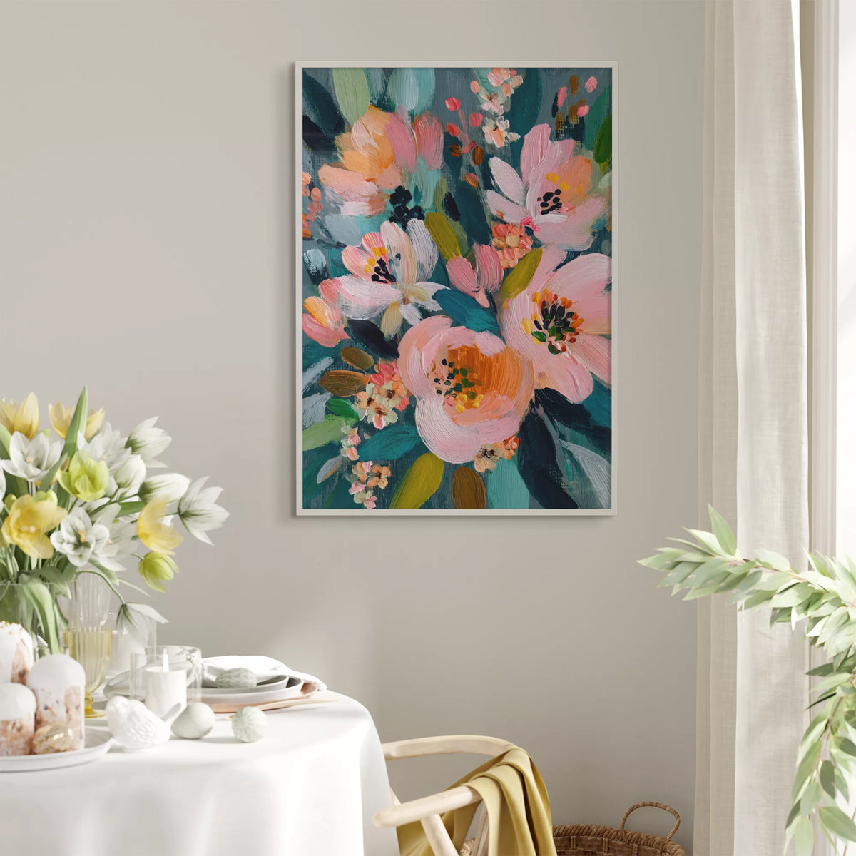 花を飾った明るいダイニングに合わせたピンクの花のアートポスター