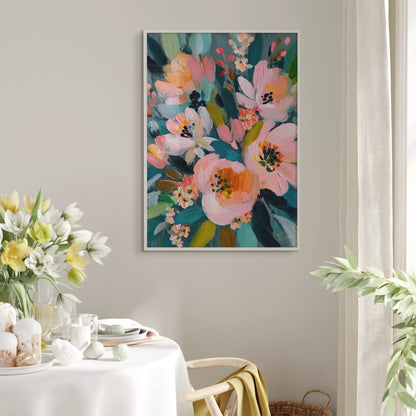 花を飾った明るいダイニングに合わせたピンクの花のアートポスター