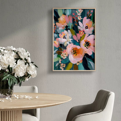 グレーのダイニングに飾ったピンクと白の花のアートポスター