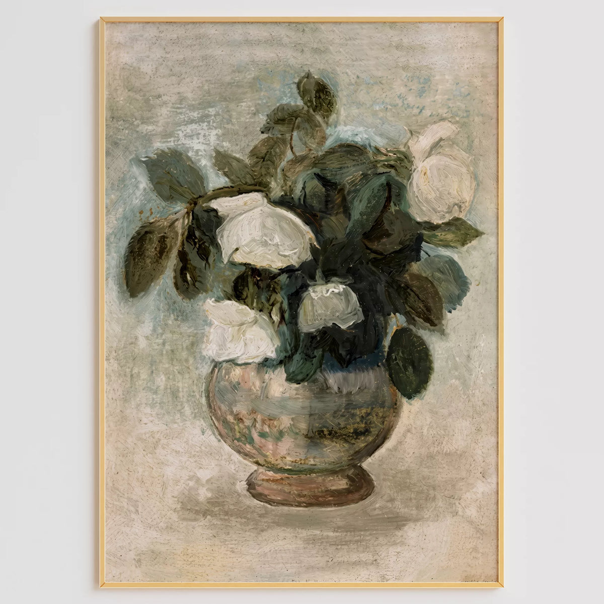 白いバラと深いグリーンの葉を花瓶に生けた、グレージュ背景の油彩風アート