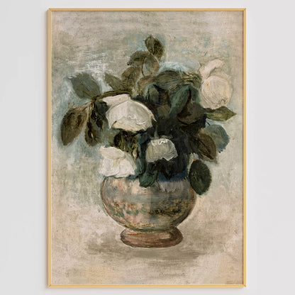 白いバラと深いグリーンの葉を花瓶に生けた、グレージュ背景の油彩風アート