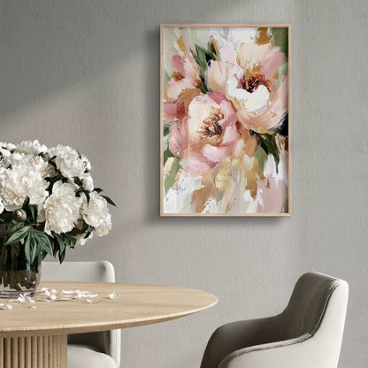 ピンクの芍薬の花束アートをグレーの壁のダイニングに飾ったイメージ