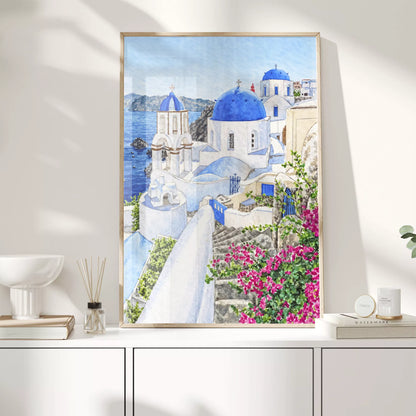 青いドームと白い建物、海とブーゲンビリアを描いたサントリーニの水彩風景画