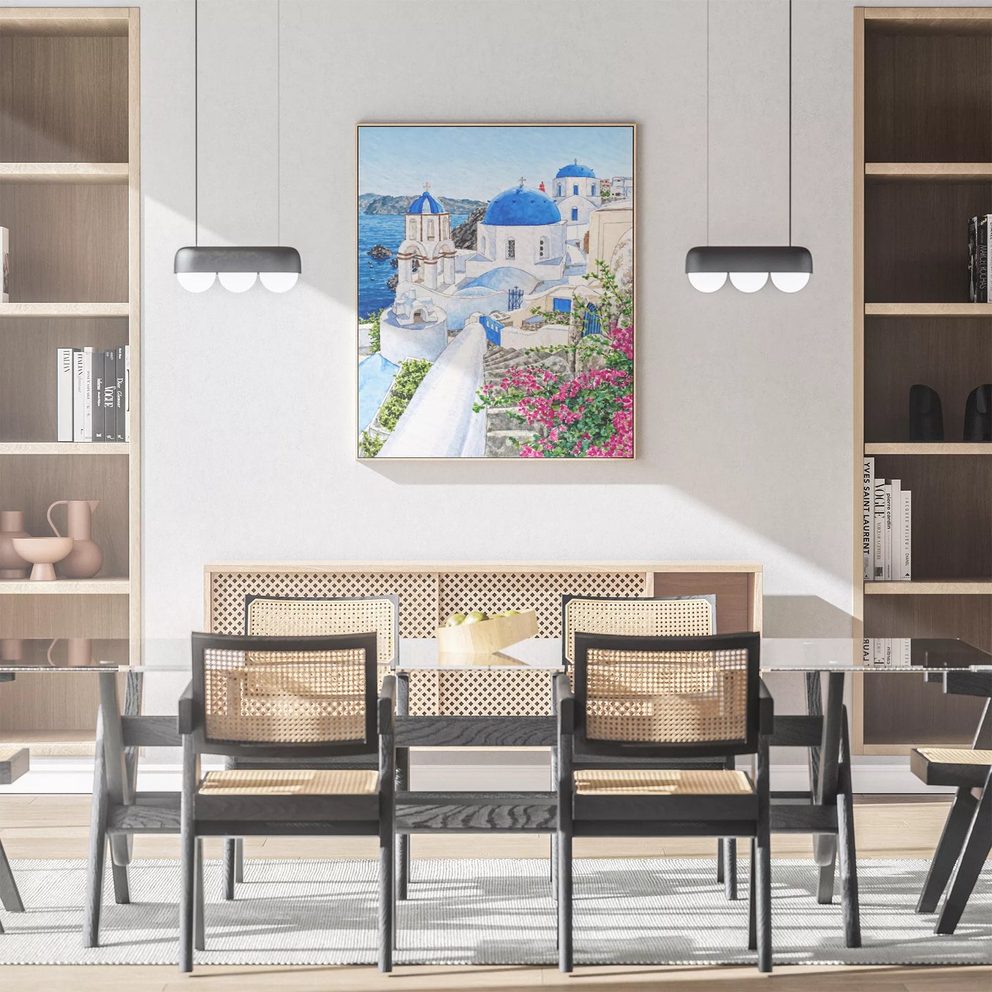 青いドームと白い建物、海とブーゲンビリアを描いたサントリーニの水彩風景画