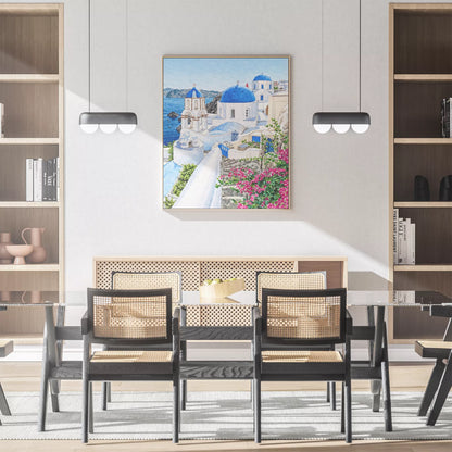 青いドームと白い建物、海とブーゲンビリアを描いたサントリーニの水彩風景画