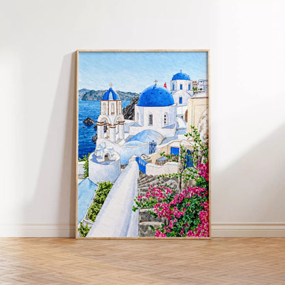 青いドームと白い建物、海とブーゲンビリアを描いたサントリーニの水彩風景画