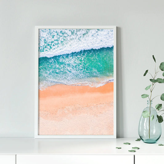 Tranquil beach wall art featuring soft ocean waves on the shore