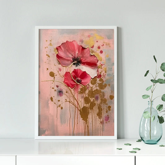 Modern red poppy artwork with golden highlights on a dusky pink backdrop