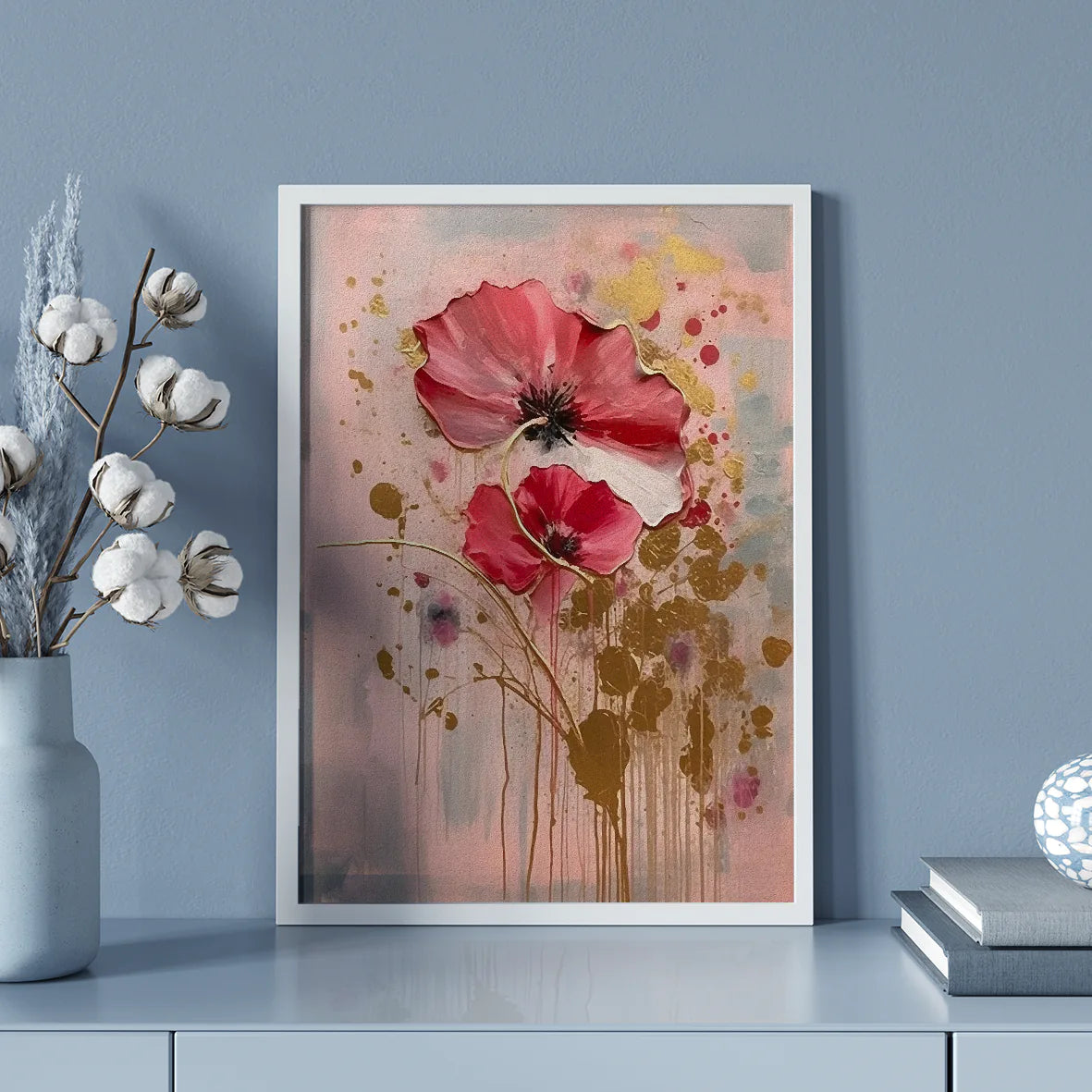 Modern red poppy artwork with golden highlights on a dusky pink backdrop