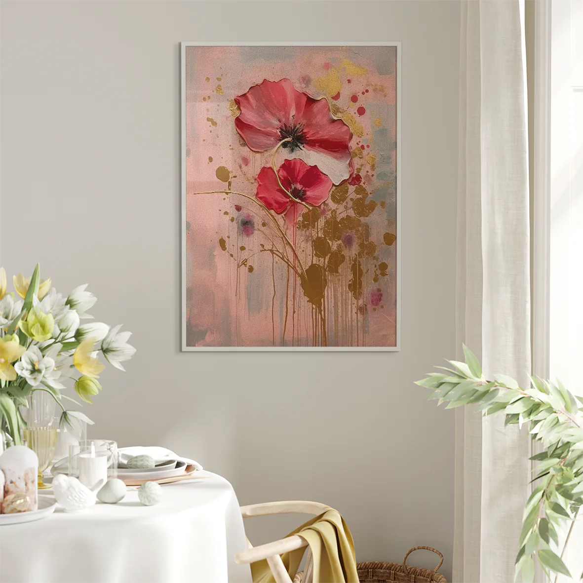 Modern red poppy artwork with golden highlights on a dusky pink backdrop