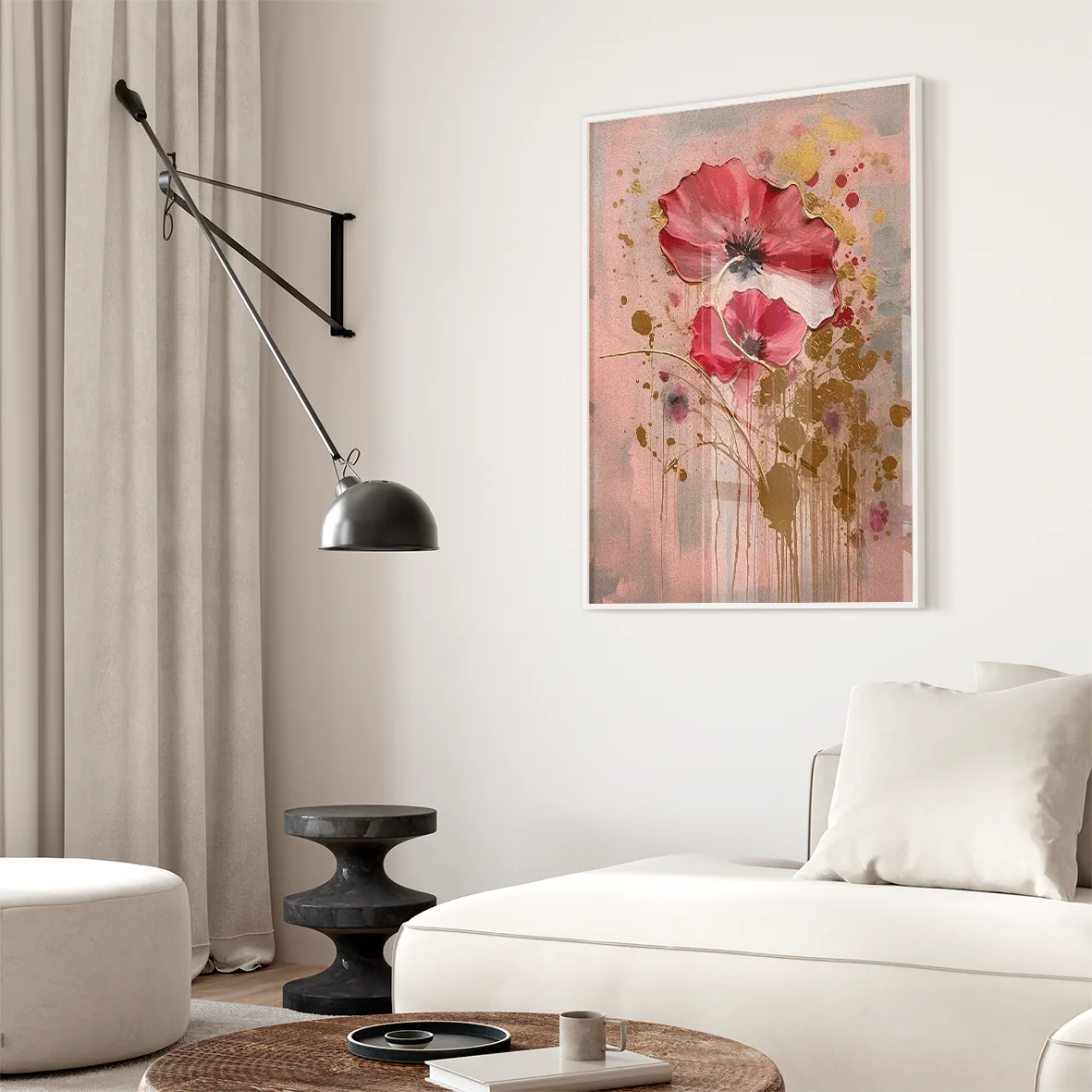 Modern red poppy artwork with golden highlights on a dusky pink backdrop