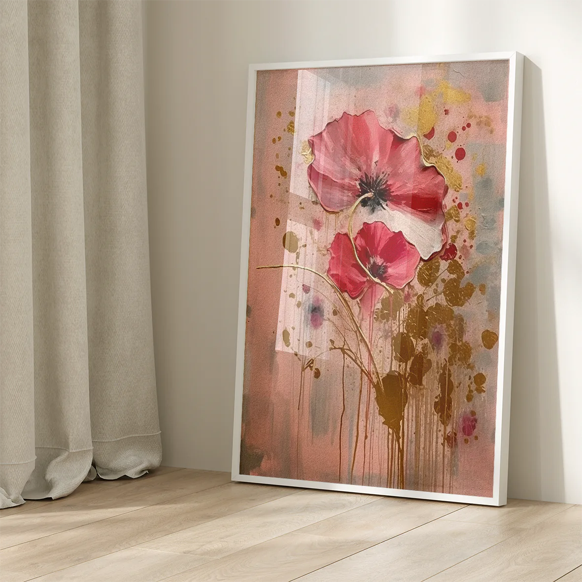 Modern red poppy artwork with golden highlights on a dusky pink backdrop