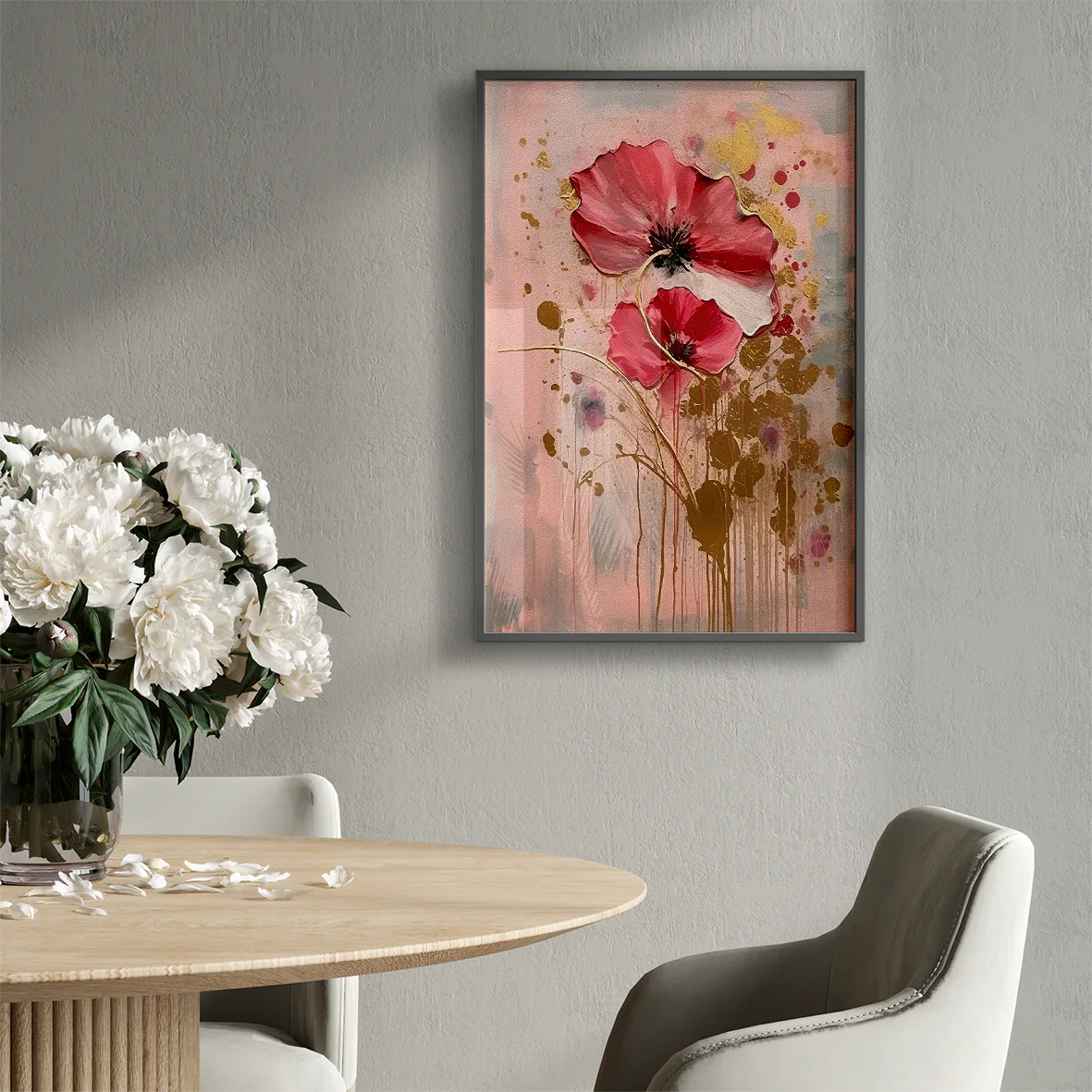 Modern red poppy artwork with golden highlights on a dusky pink backdrop