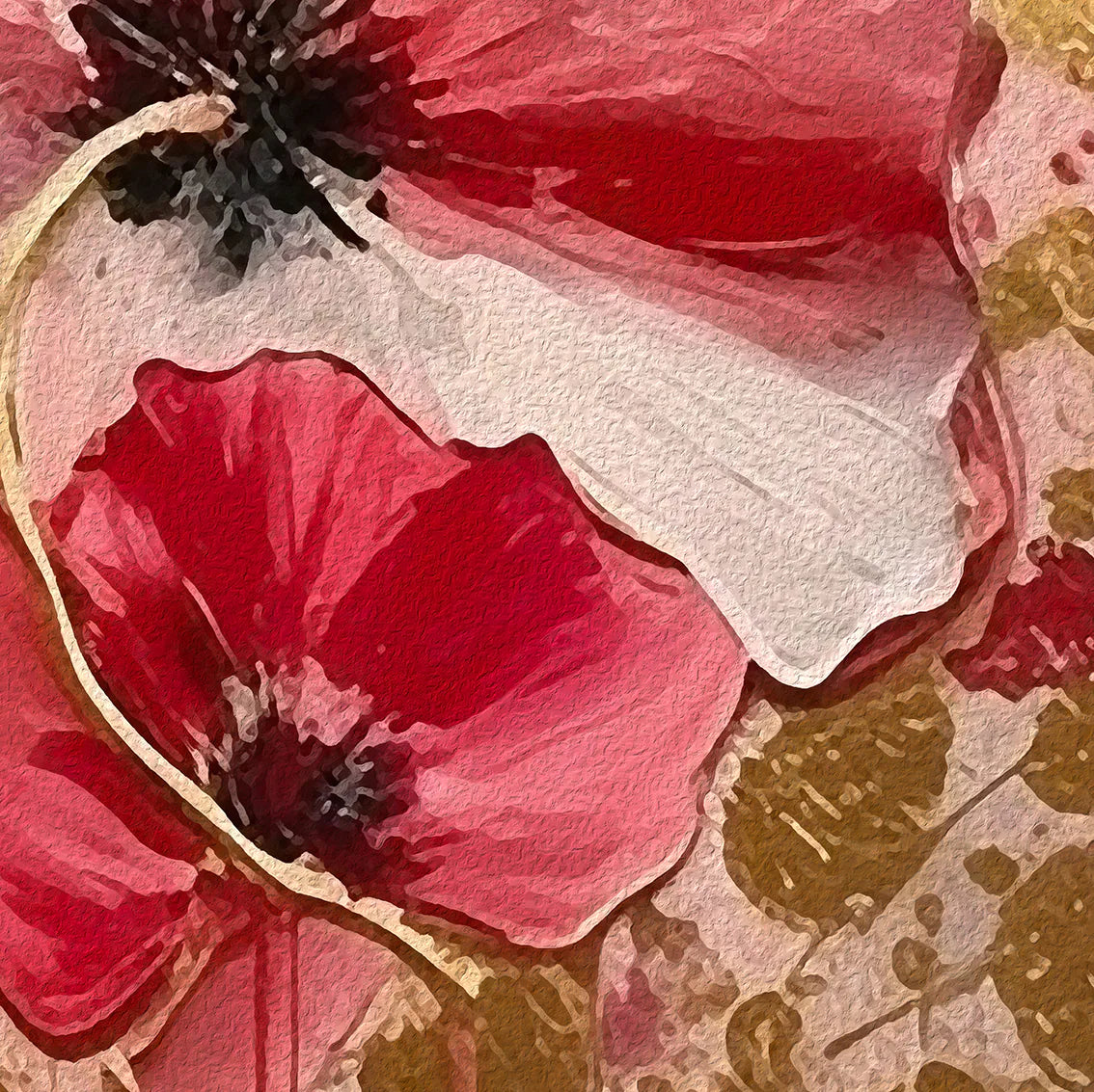 Modern red poppy artwork with golden highlights on a dusky pink backdrop