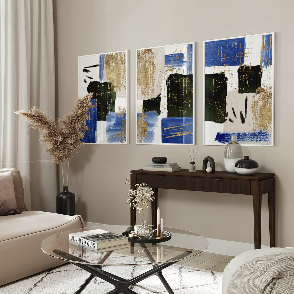 Triptych of textured blue and gold abstract paintings