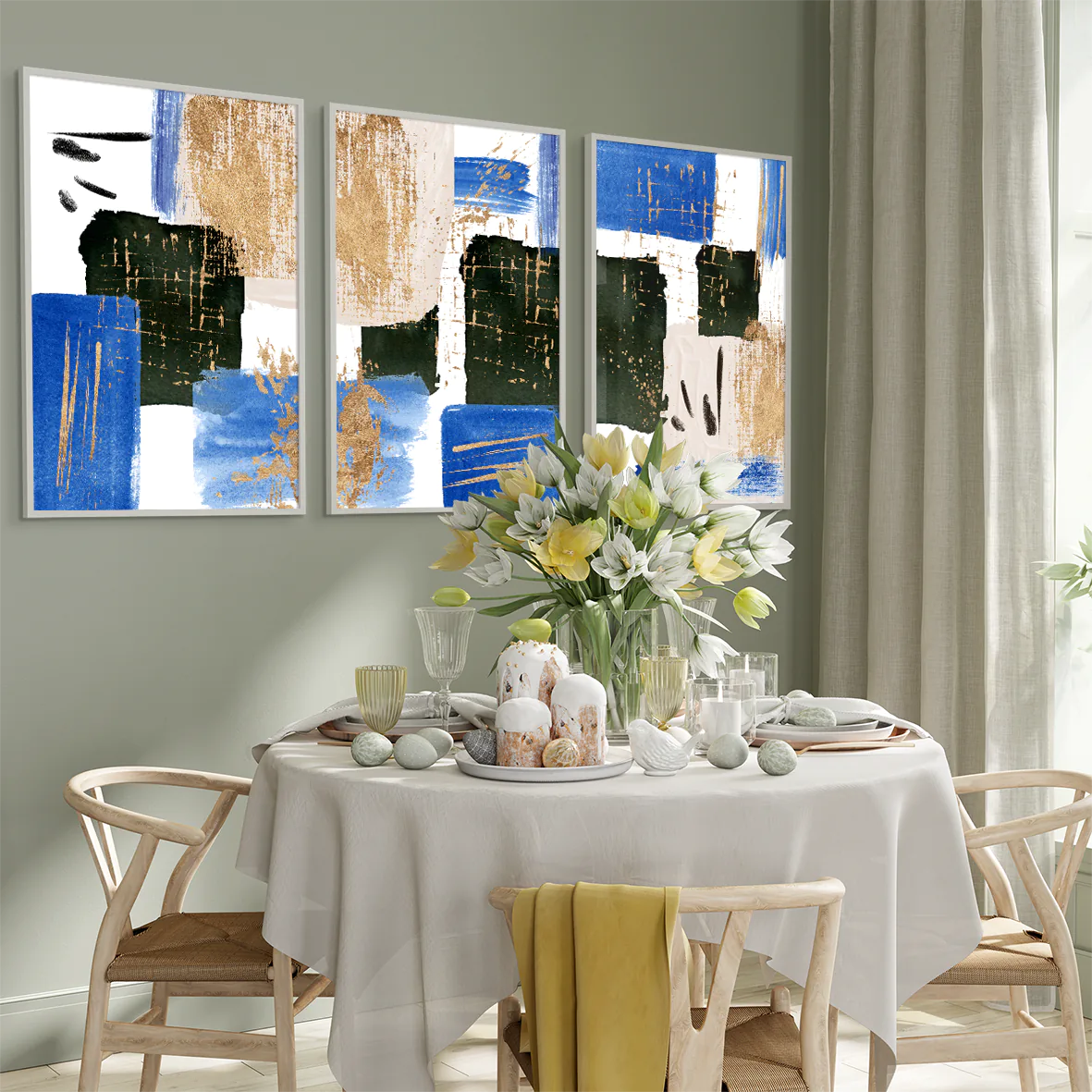 Triptych of textured blue and gold abstract paintings