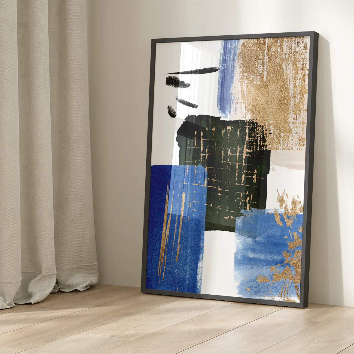 Triptych of textured blue and gold abstract paintings