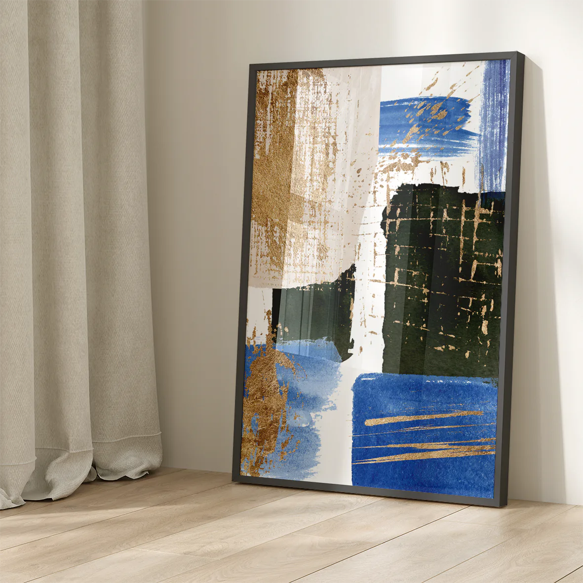 Triptych of textured blue and gold abstract paintings